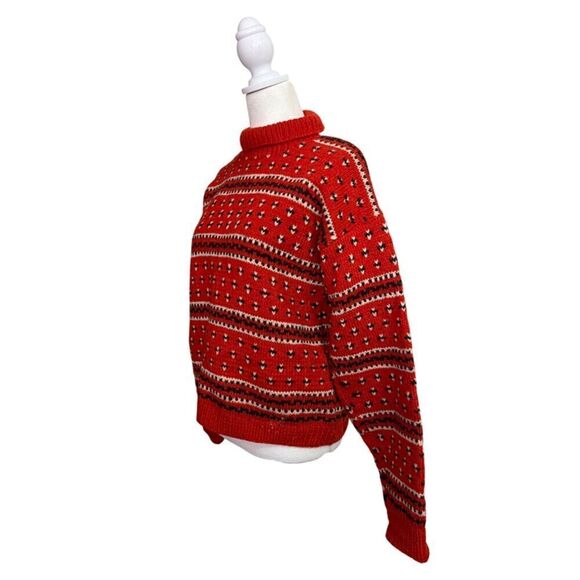 Red Fair Isle Thick Handknit Turtle Neck Vintage 70's Sweater l Size M - Picture 3 of 5